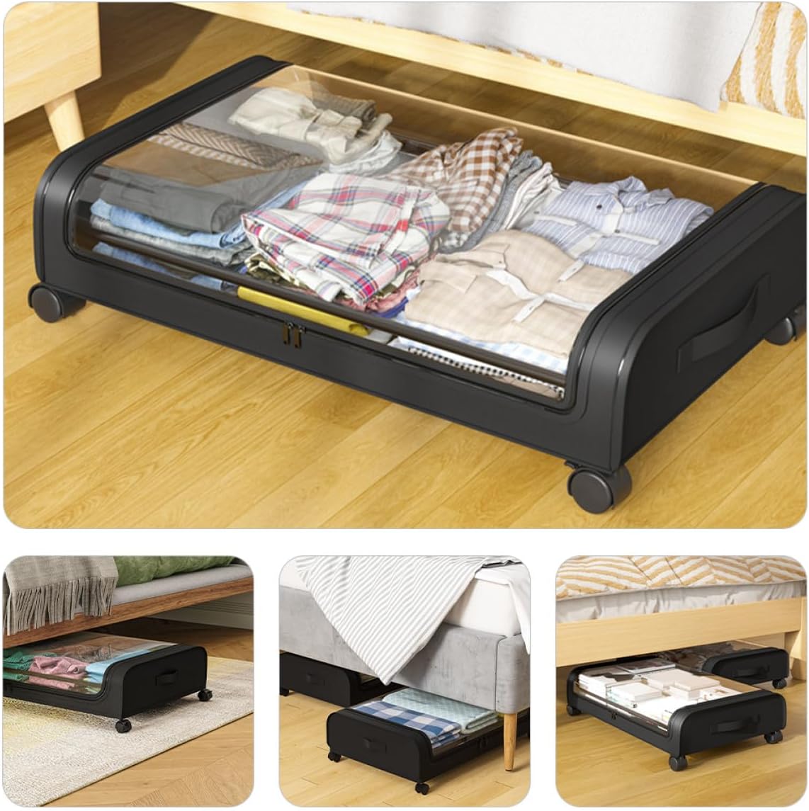 PRETYZOOM Bed Organizer Storage Box with Wheels, Lid, Black Plastic Sturdy Multi-functional Bedroom Storage Cart for Clothes and Books Dustproof