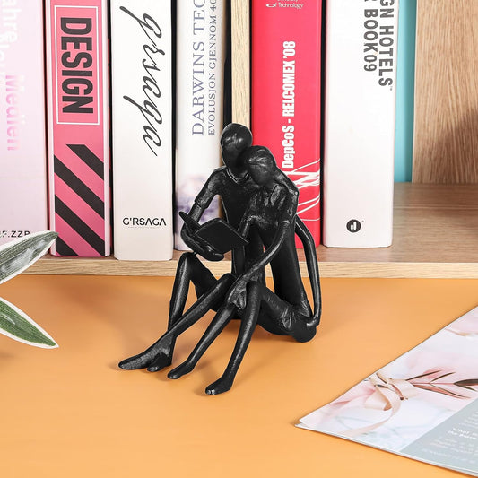 Gift for Wedding Anniversary | Romantic Reading Couple Bookshelf Décor | Couple Sculptures Statue Cast Iron Romantic Bookend | Reading Metal Figurine for Office Bookshelf