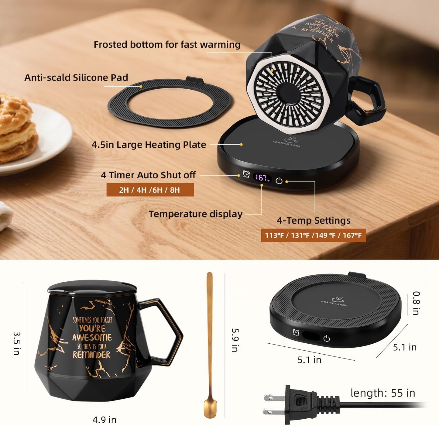 Coffee Mug Warmer & Awesome Mug Set, Smart Heated Electric Coffee Cup Warmer for Desk Office, 4 Temperature Control Tea Coffee Beverage Warmer, 8 Hours Auto Shut Off, Birthday Gifts for Women Man