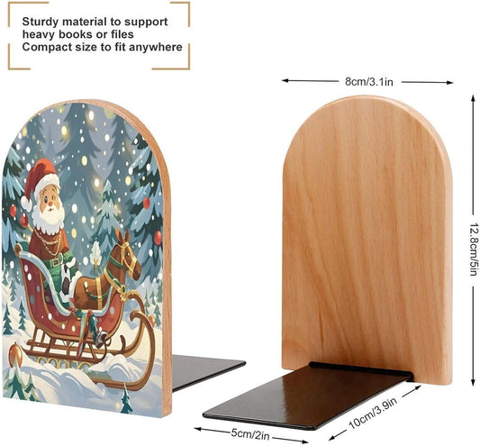 Christmas Sleigh Bookends 1 Pair Heavy Duty Book Ends for Shelves Non-Skid Bookend Supports Wooden Book Holders with Metal Base Desk Organizers Books Storage to Hold Books