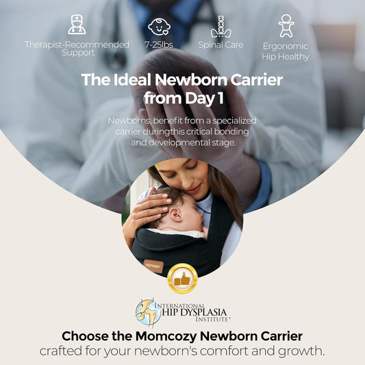 Momcozy Newborn Carrier WeeSnug- Lightweight and Cozy Comfort for 7-25 lbs, Ergonomic Cross-Back Support, Effortless to Put On, Hands-Free Baby Carrier with Lumbar Support, Black
