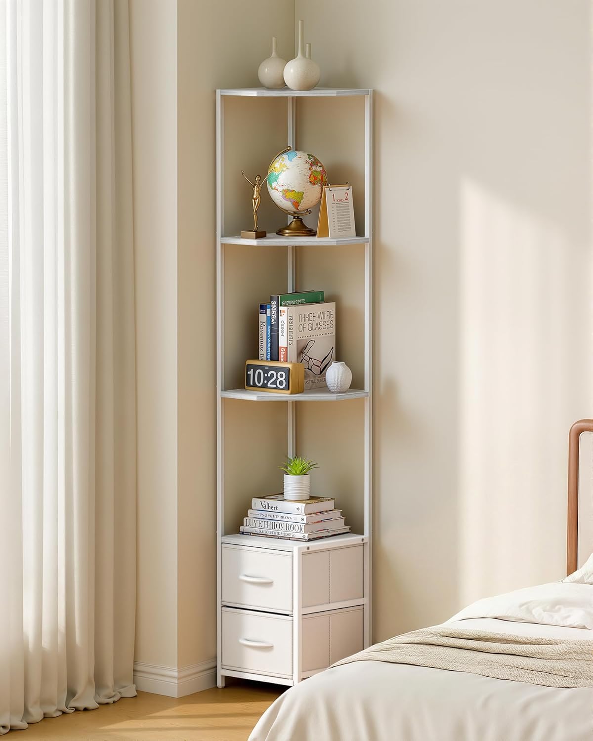 Housolution Corner Shelf Stand with Storage, 63.4'' Tall 6-Tier Corner Bookshelf Includes Fabric Drawers, Freestanding Corners Storage Shelf for Living Room Bedroom Kitchen Bathroom (White)