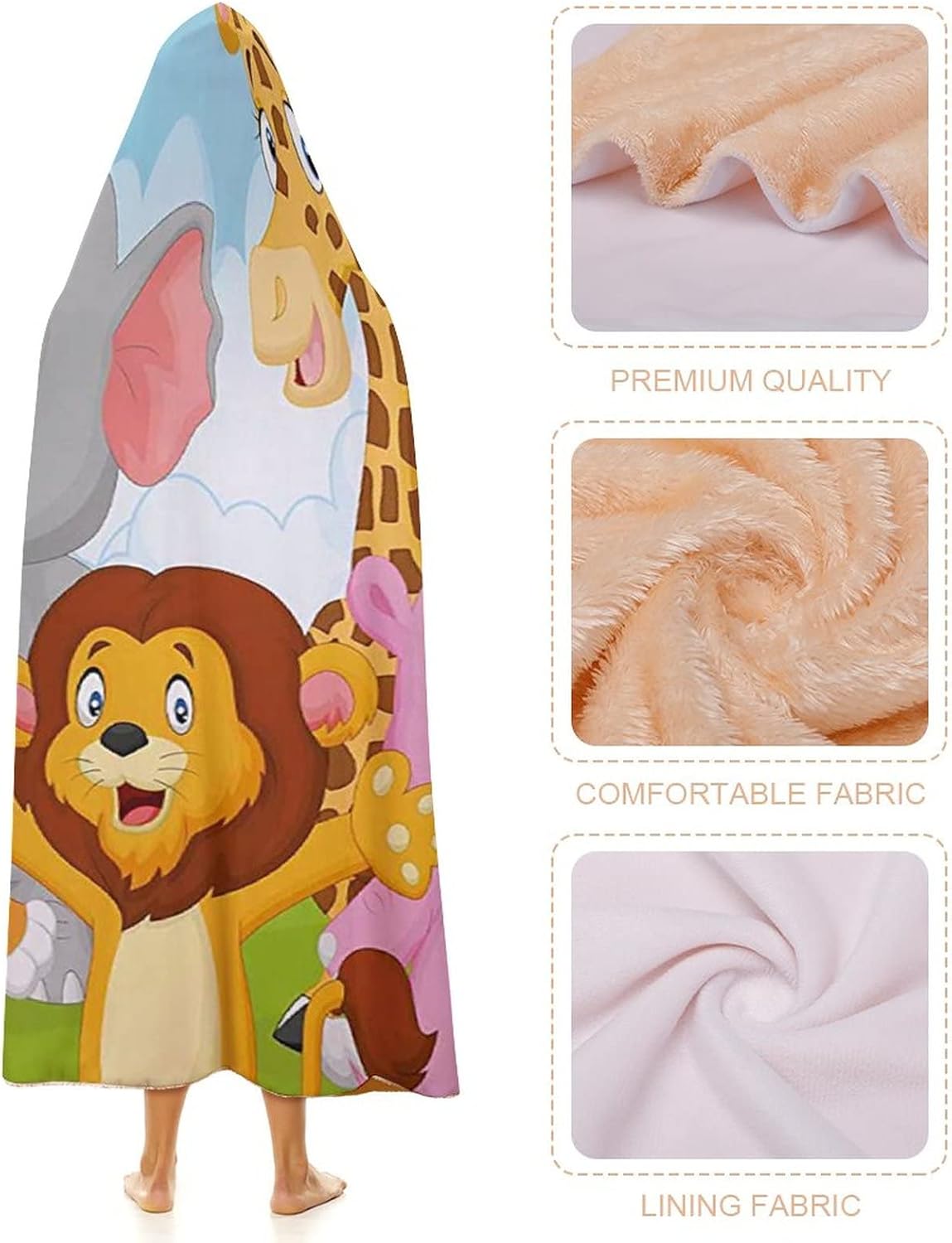 Throw Blankets, Nursery Women Men Hooded Blanket, Comic African Savannah Animals Playful Friendly, Soft Warm Cozy, 50 x 60inches, Studying Reading Snuggling Napping Office, Multicolor