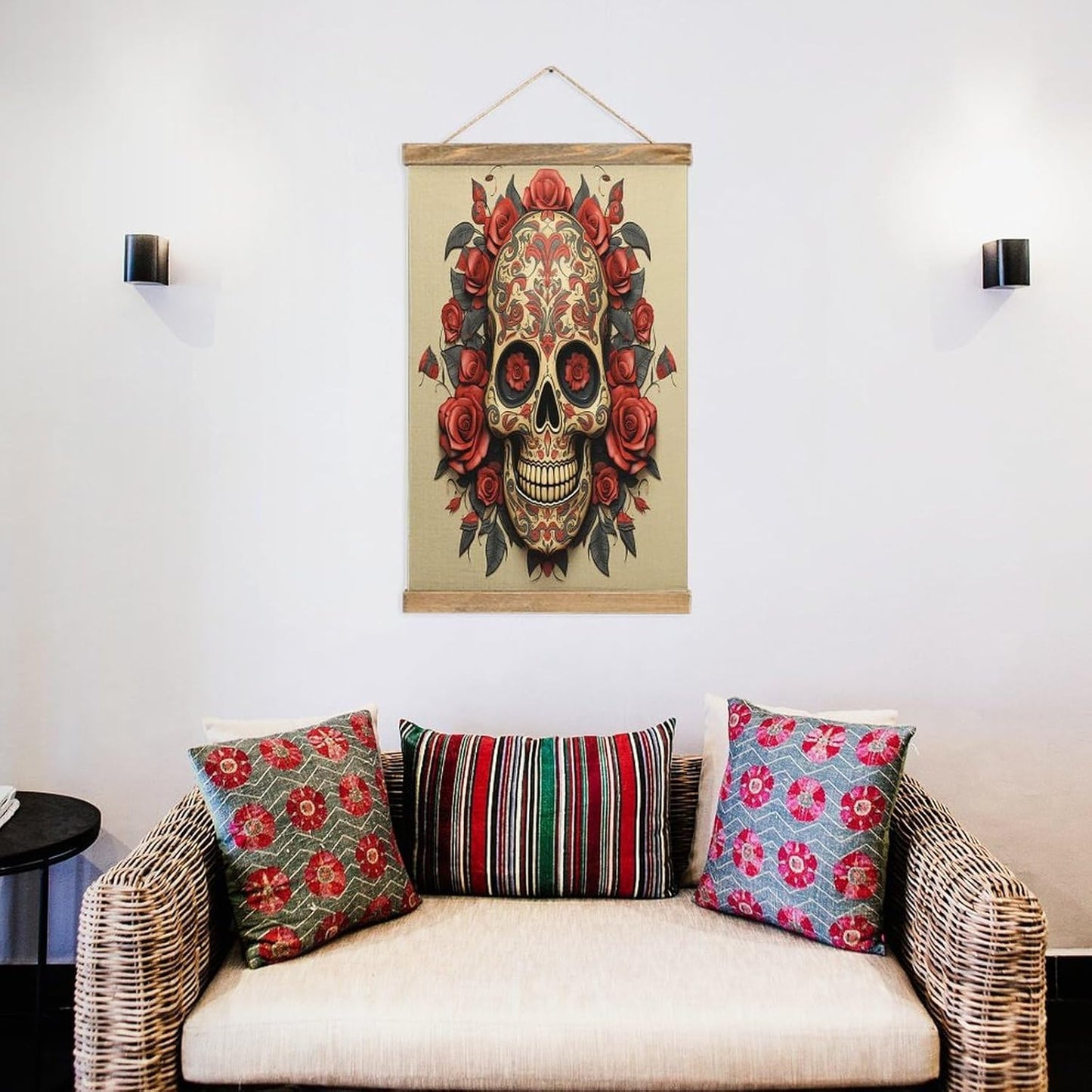 Vintage Red Rose Sugar Skull Poster with Wooden Frame Personalized Linen Hanging Scroll Painting Rustic Wall Hanging Illustrative Modern Artwork Decor for Home Living Room Bedroom Office