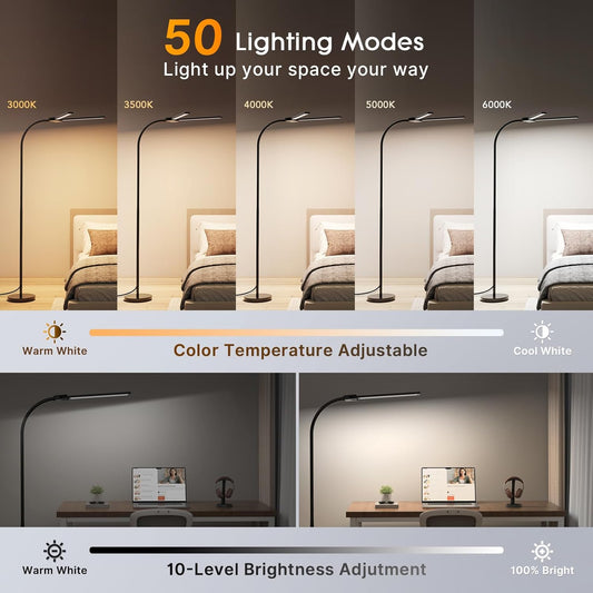 Syrinx LED Floor Lamp, 14W 2000LM Bright Reading Floor Lamp for Office, Gesture & Remote Control, Dual Head Goose-Neck Standing Lamp, Dimmable Brightness & Color Temp, Eye Caring Light for Living Room