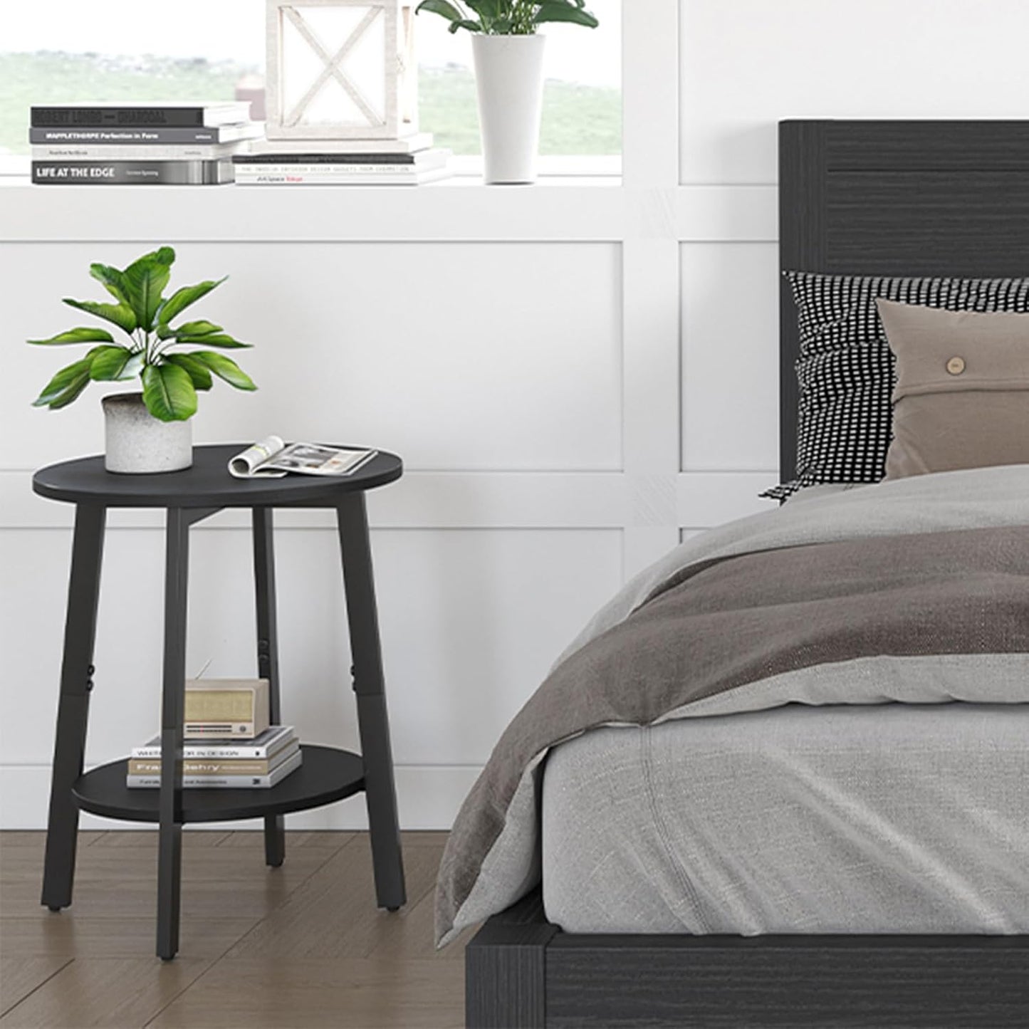 Side Table, Small Round End Table with Storage Shelf for Small Space, 2-Tier Black Bedside Table Sofa Couch Table, Round Accent Table Nighstands for Living Room, Bedroom, Black