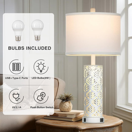 Set of 2 Rustic Table Lamps for Living Room Bedroom, Vintage Farmhouse Nightstand Lamp with 2 USB Ports, Hollow Out Metel Lamp for End Table with Nightlight (White)