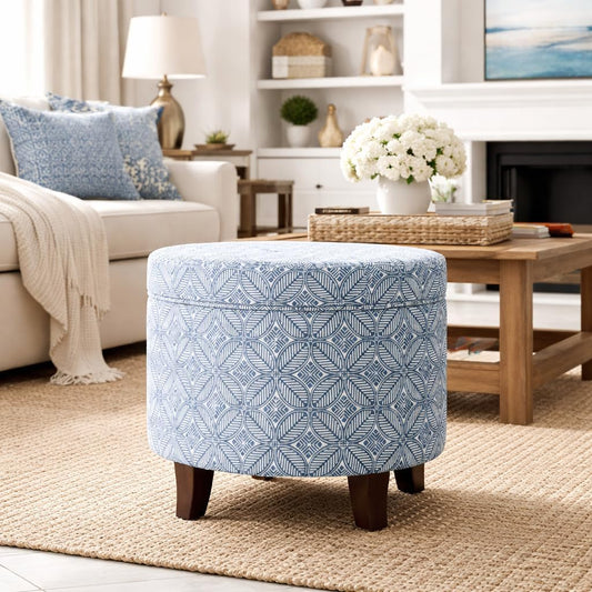 HomePop Upholstered Round Storage Ottoman|Homepop Home Décor|Upholstered Round Foot Rest Ottoman -Blue Indigo Print