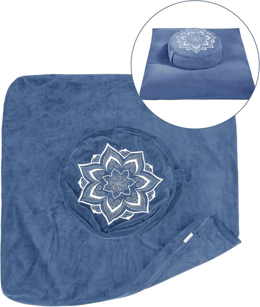 Meditation Zafu Cushion Set with Buckwheat Hulls & Memory Foam - Ergonomic Support for Yoga & Sitting - Removable Machine-Washable Luxury Velvet Cover - for Adults and Kids (Blue(COVER ONLY))