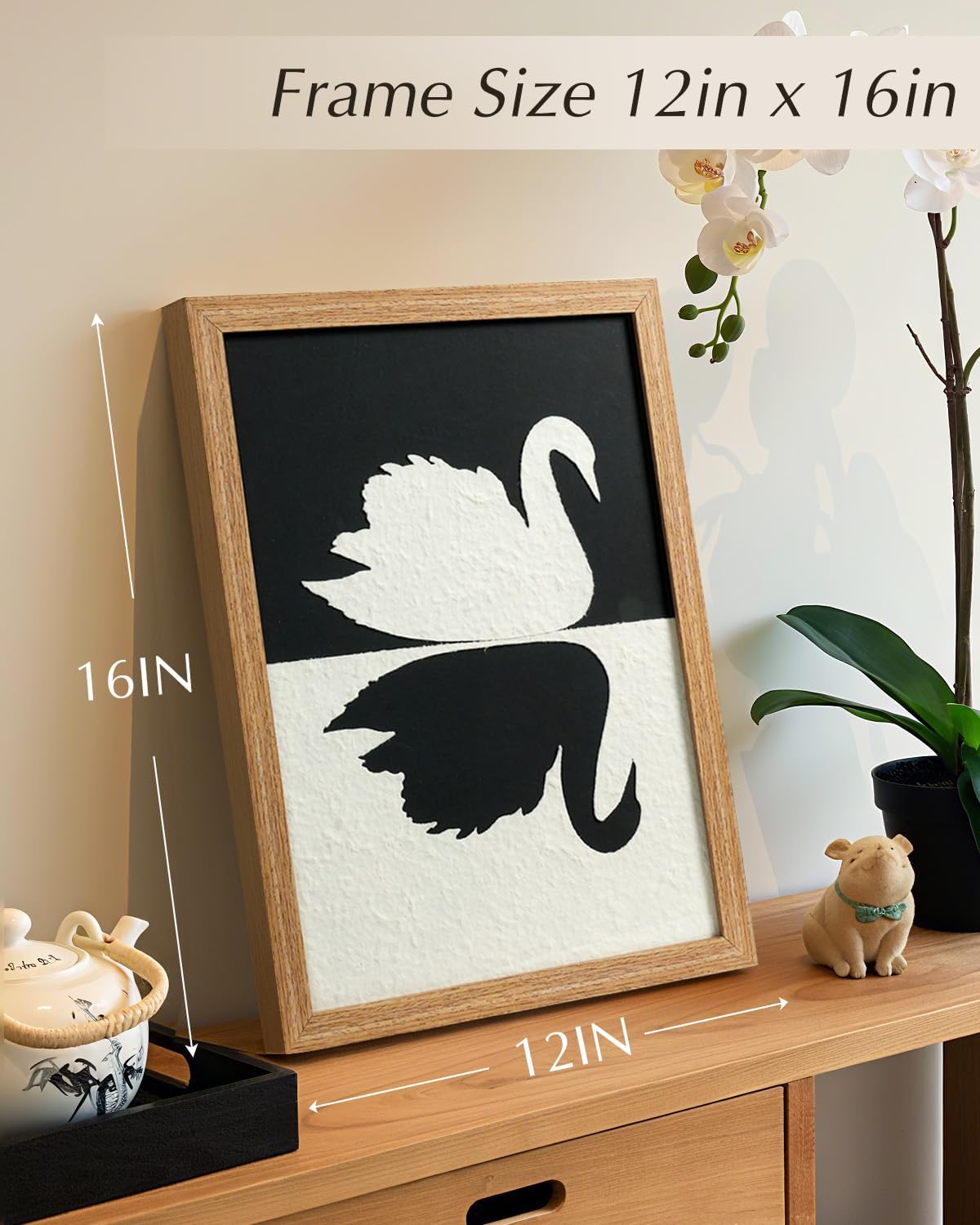 VIYYIEA Framed 3D Textured Wall Art, Handmade Paper Artwork,12x16inch, Modern Minimalist Black White Decor for Living Room Bedroom Shelf, Swan Reflection Abstract Picture
