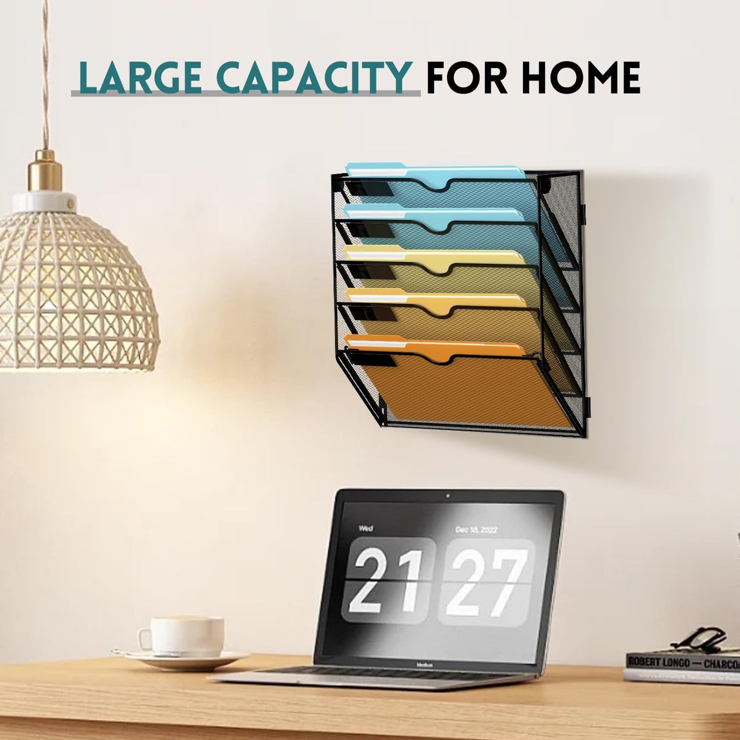 SUPEASY Wall File Organizer Mesh Office Mail Holder, Hanging Wall Organizer Magazine Rack for Office Black, 5 Tier