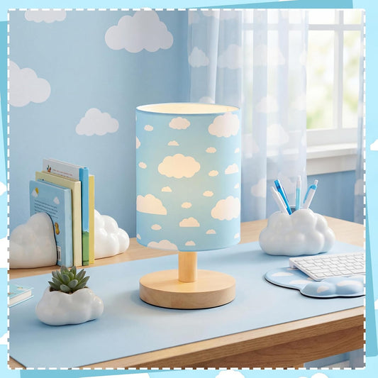 VIHOSE Cloud Kids Table Lamp for Bedroom Kids Bedside Lamp with Linen Wooden Nightstand Cartoon Nursery Lampshade for Girls Boys Living Room