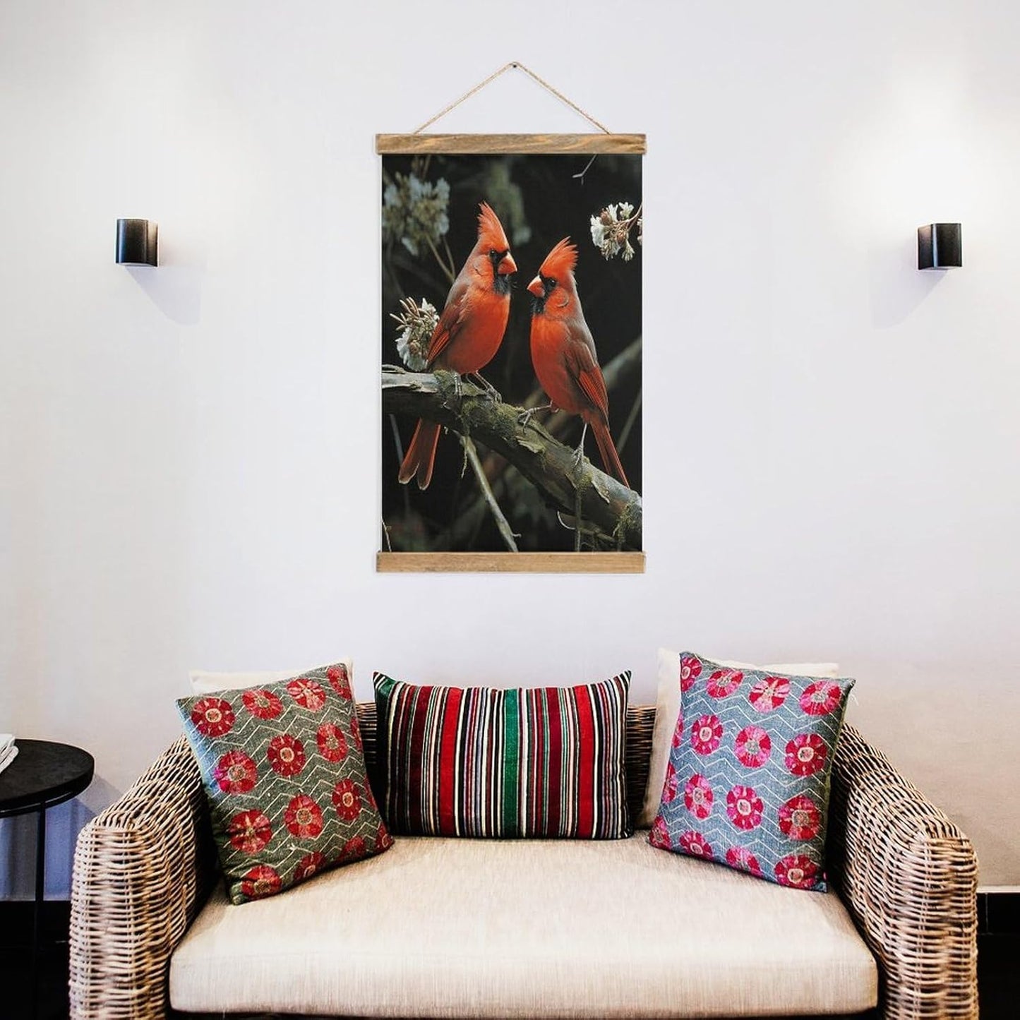 Vintage Cardinals Birds Fauna Wild Poster with Wooden Frame Personalized Linen Hanging Scroll Painting Rustic Wall Hanging Illustrative Modern Artwork Decor for Home Living Room Bedroom Office