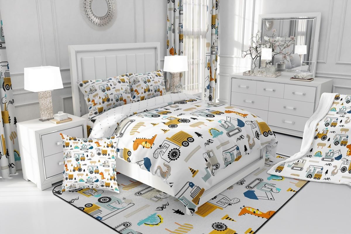 Construction Sherpa Twin 60"x80" Equipment Trucks Fleece Throw Blanket for Kids Boys Girls Decor Dinosaur Plush Blanket 3D Digital Print Yellow Fuzzy Bedroom