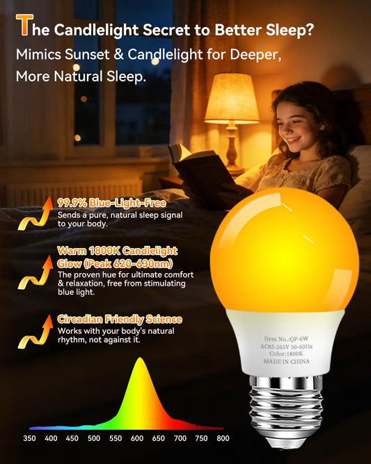 1800K Amber Sleep Light Bulbs, 99.96% Blue Light Blocking, A15 6W(40 Watt Equivalent) Soft Warm Light Bulbs, Eye-Caring Amber Soft Yellow Night Light E26 for Bedroom, Reading, Baby Nursery, 2 Packs