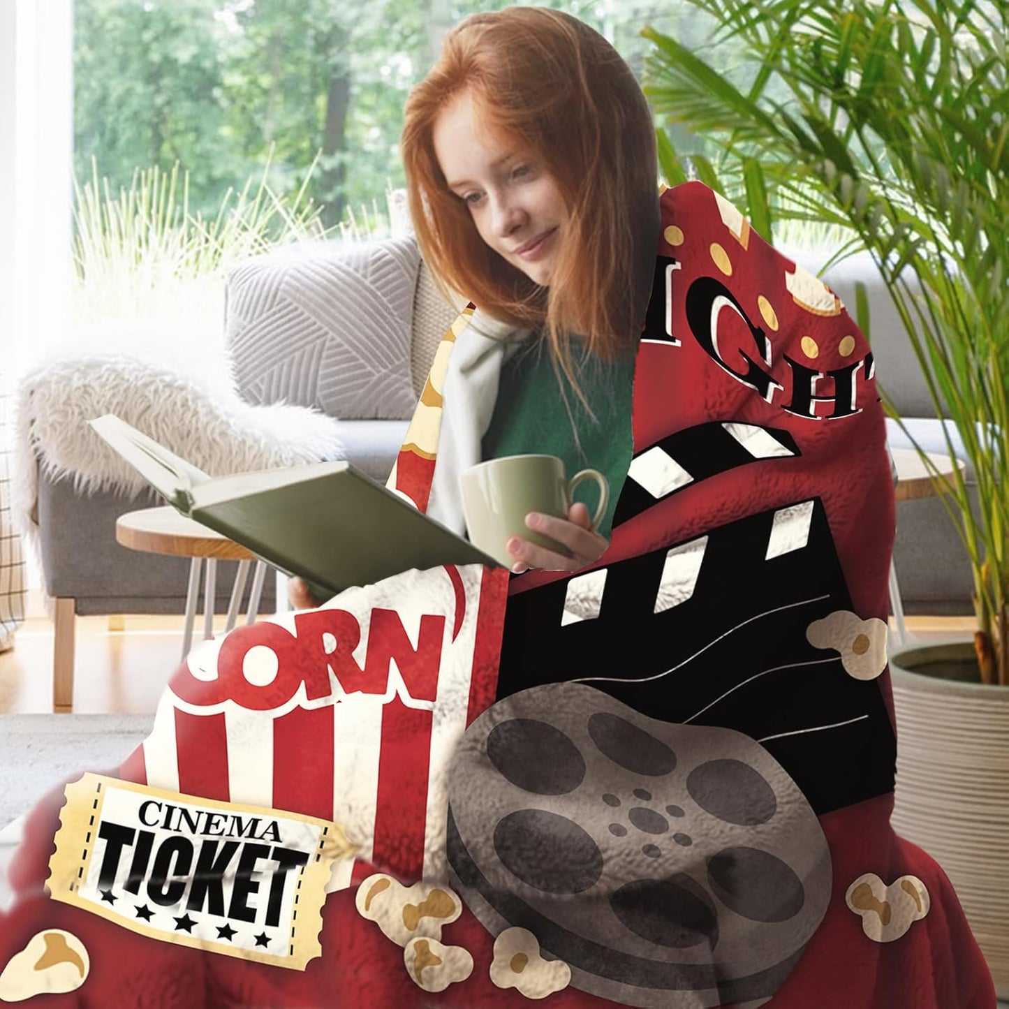 Movie Night Flannel Throw Blanket, Popcorn Cinema Ticket Gifts for Adult Kids Women Men Movie Lover, Birthday Ideas for Home Film Theater Decor Supplies 50" x 60"