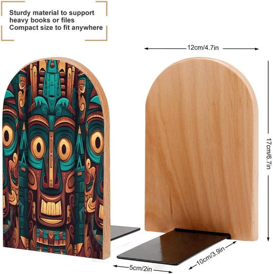 Tribal Mask Pattern Wooden Bookend Non-Slip Book Ends Heavy Duty Book Stopper with Metal Base Books Holderd Decorative Bookends Stands Firmly for Office Supplies