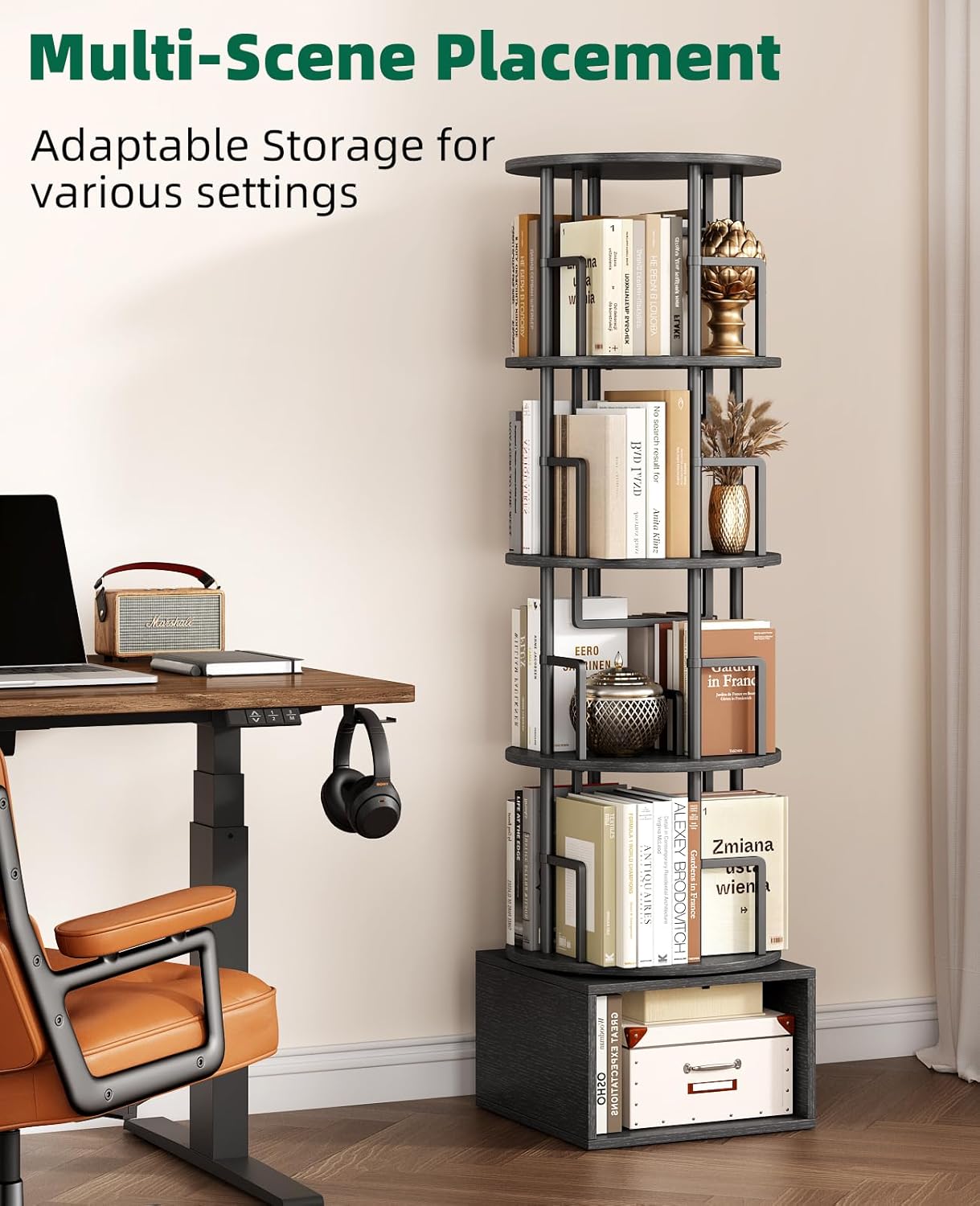 5 Tier Rotating Bookshelf with Extra Storage Cabinet, 360°Spinning Corner Bookshelf, Floor Standing Bookcase for Kids & Adult, Narrow Book Shelf for Bedroom Living Room, Pure Black