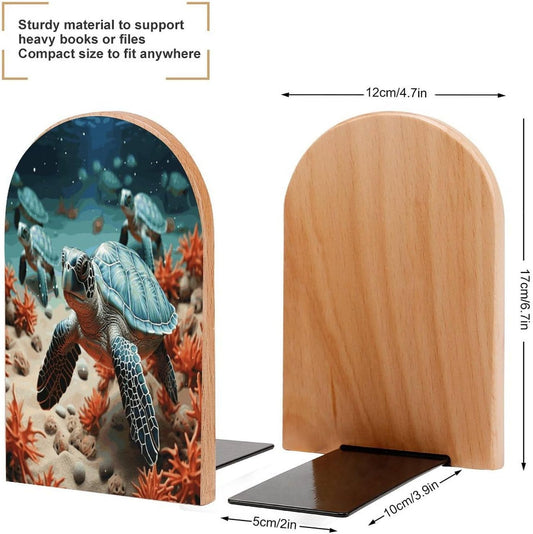 Turtle Starfish Bookend for Shelves Wooden Book End Large Size Sturdy Book Holders Stoppers with Metal Base for Bookshelves Slick Decorative Bookends Stands