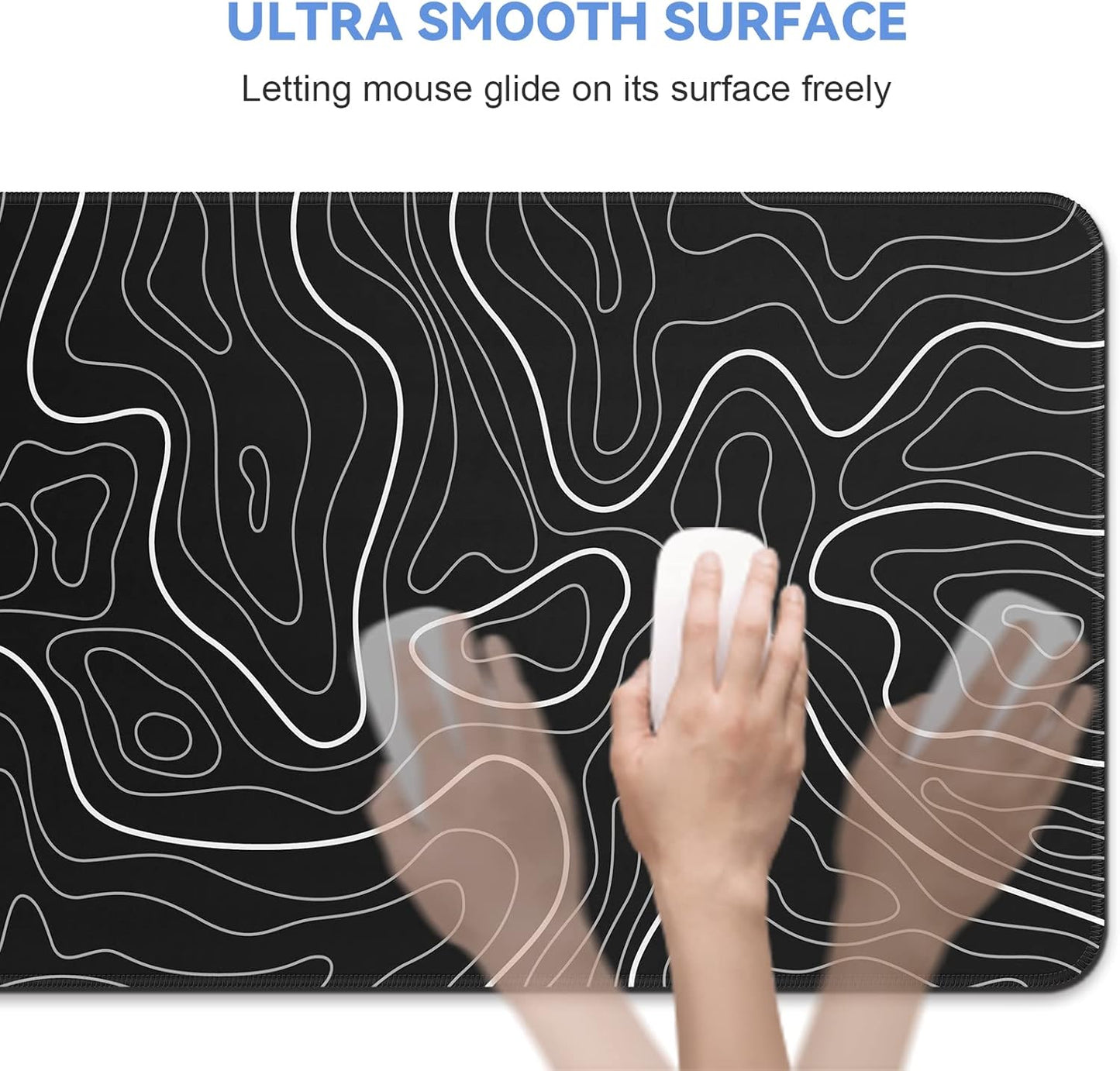 Mouse Pad Gaming Mousepad 31.5 x 11.8in Large Mouse Pad for Keyboard and Mouse with Anti-Slip Rubber Base, Keyboard Pad XL Mouse Mat for Home and Office(Black with White Topographic Line)