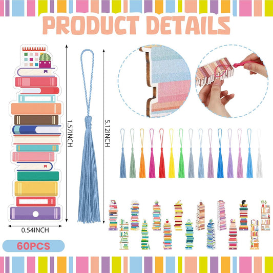 60 Pcs Wooden Bookmarks for Book Lovers - 15 Designs With Tassel - Retro Bulk Bookmarks for Reading, Gifts for Men, Women, Teachers, Students - Birthday, Book Club, Party Favors