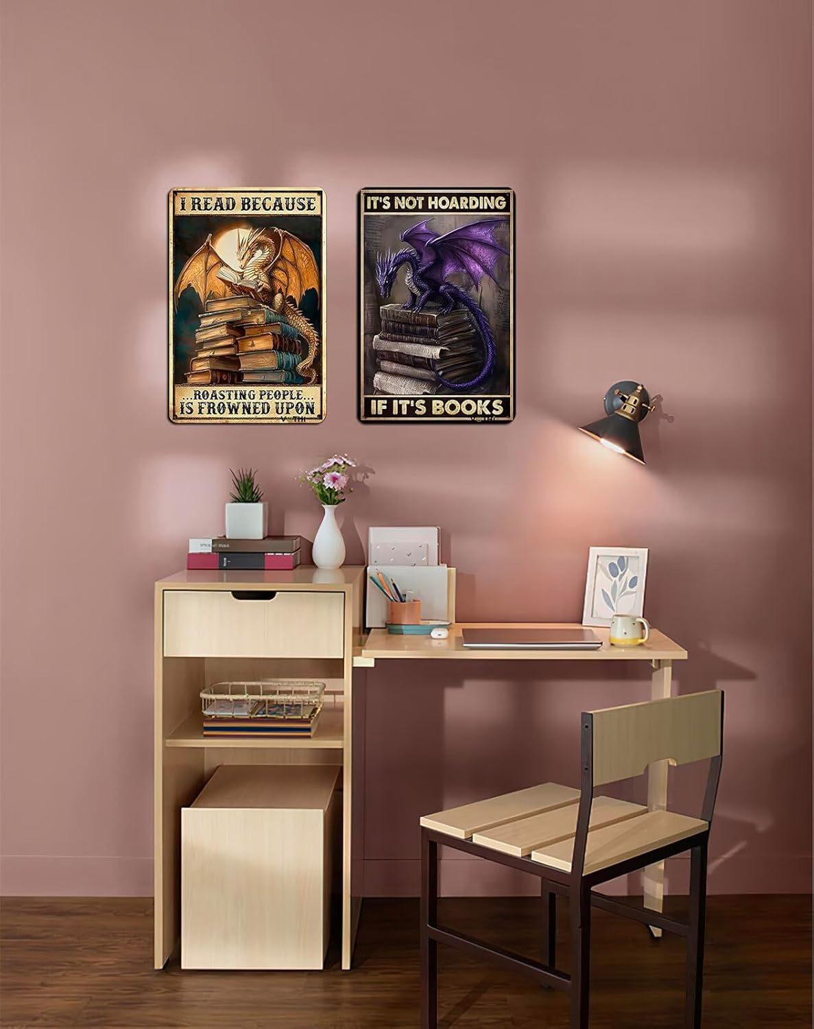VOTHI Funny Library Decor Dragon Bookends Tin Sign,I Read Because Roasting People Is Frowned Upon,Fantasy Decor,Book Accessories for Reading Lovers or Home Cafe Library Bookshelf Wall Decor 8x12 In