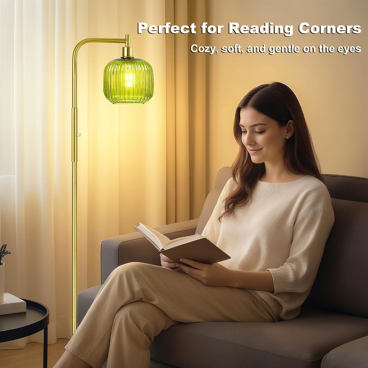 Dimmable Gold Floor Lamp with Ribbed Shade, Vintage Green Standing Lamp dimmable with Solid Base, Arc Floor Lamps Glass for Living Room, Bedroom, Office, Decorative Tall Corner Lamps Gift Use