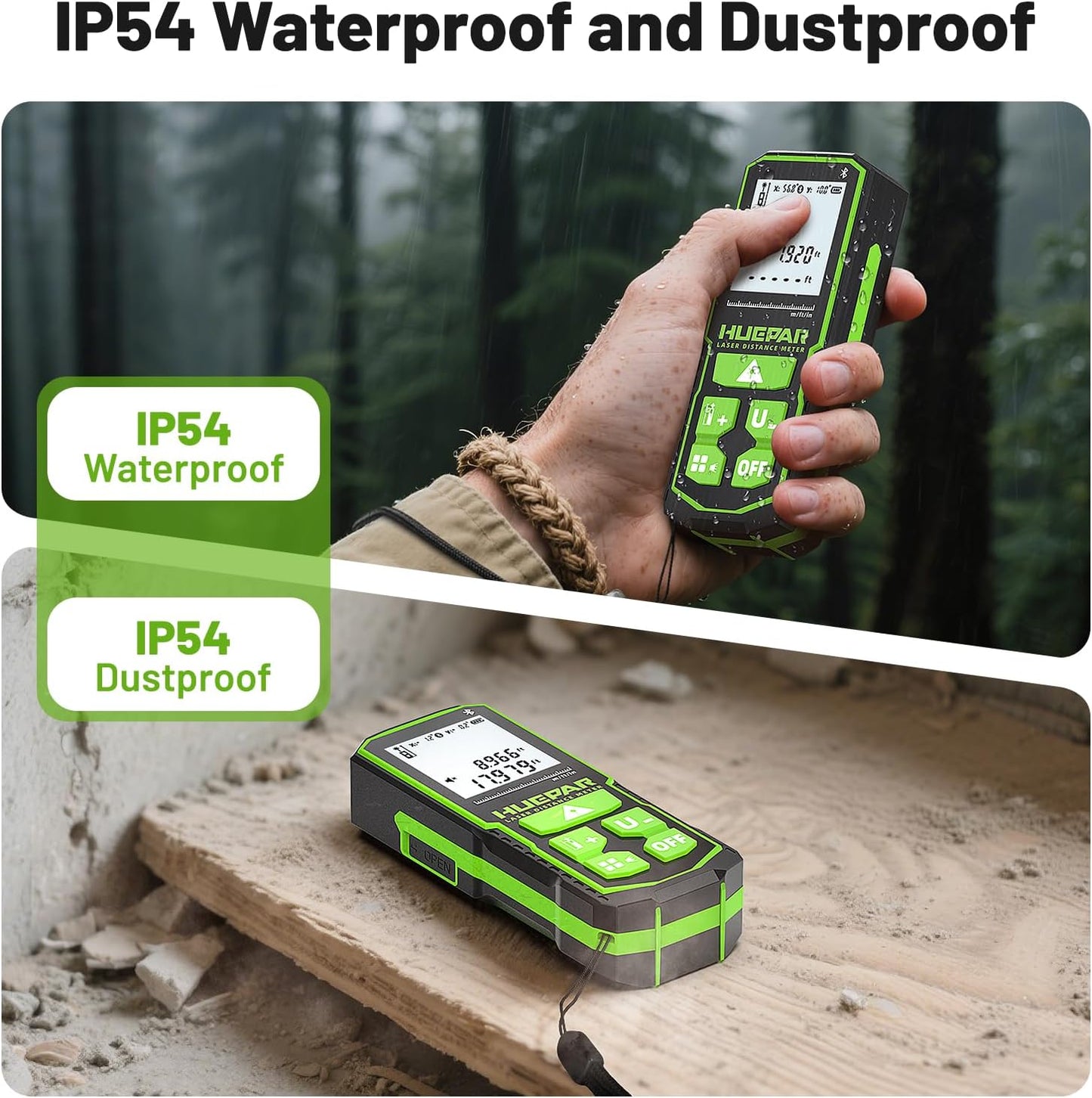 Huepar Laser Distance Measure 200Ft. Digital Rechargeable Laser Measuring Tool with Bluetooth -Phone APP, 1/16in Accuracy, Angle Sensor, M/in/Ft Unit, Pythagorean Mode, Measure Distance, Area, Volume