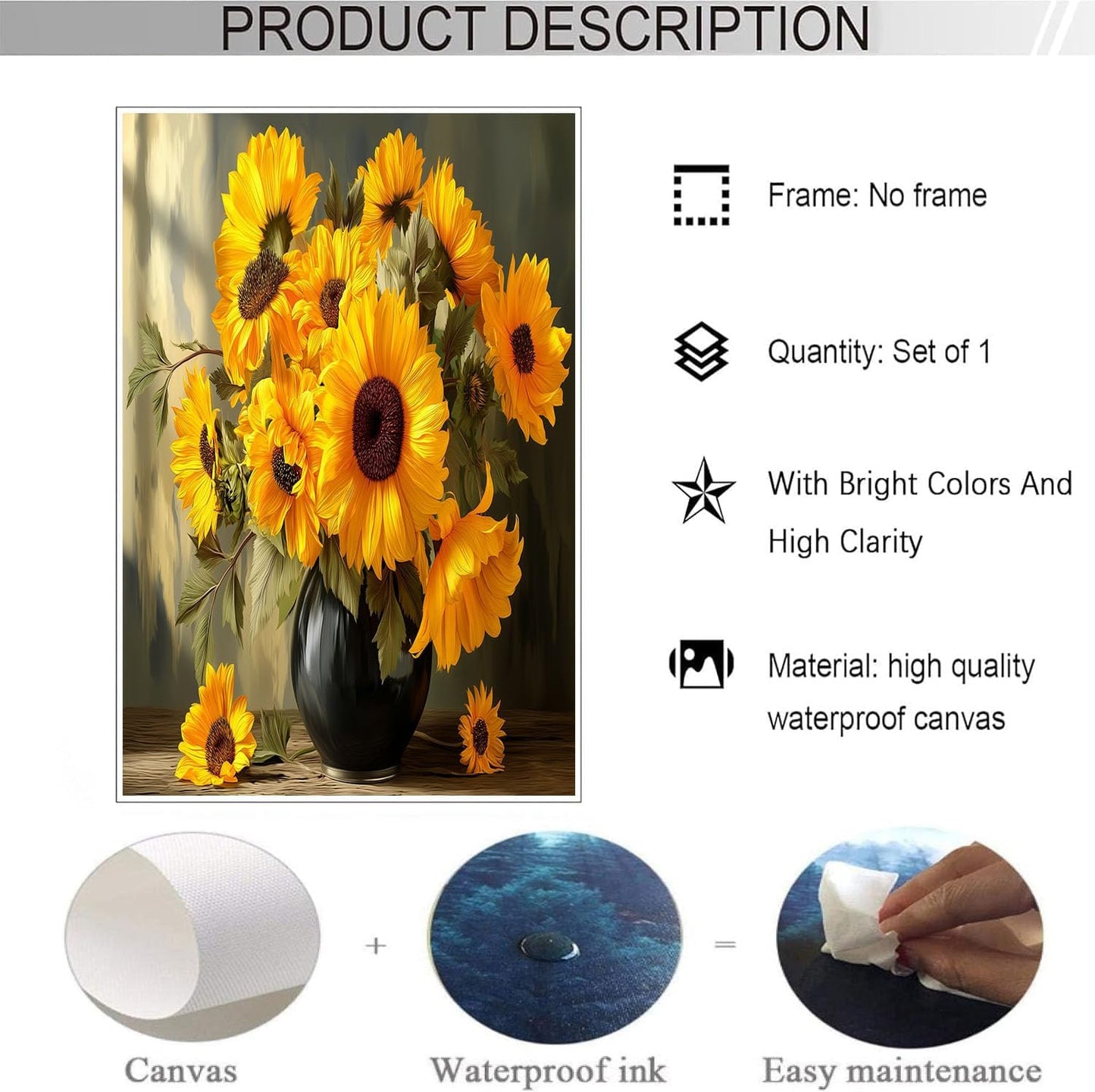 GDJSMIN Realistic Art Style Wall Art, Vase With Yellow Sunflowers Poster for Reading Room Living Room Decor 12x 16 inch Unframed