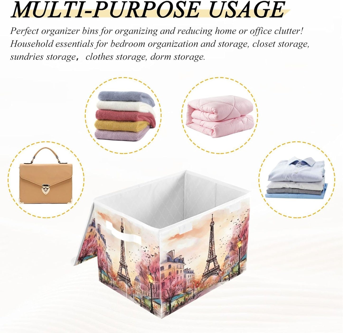 xigua Watercolor Paris Storage Bins with Lids and Carrying Handle,Foldable Storage Boxes Organizer Containers Baskets Cube with Cover for Home Bedroom Closet Office