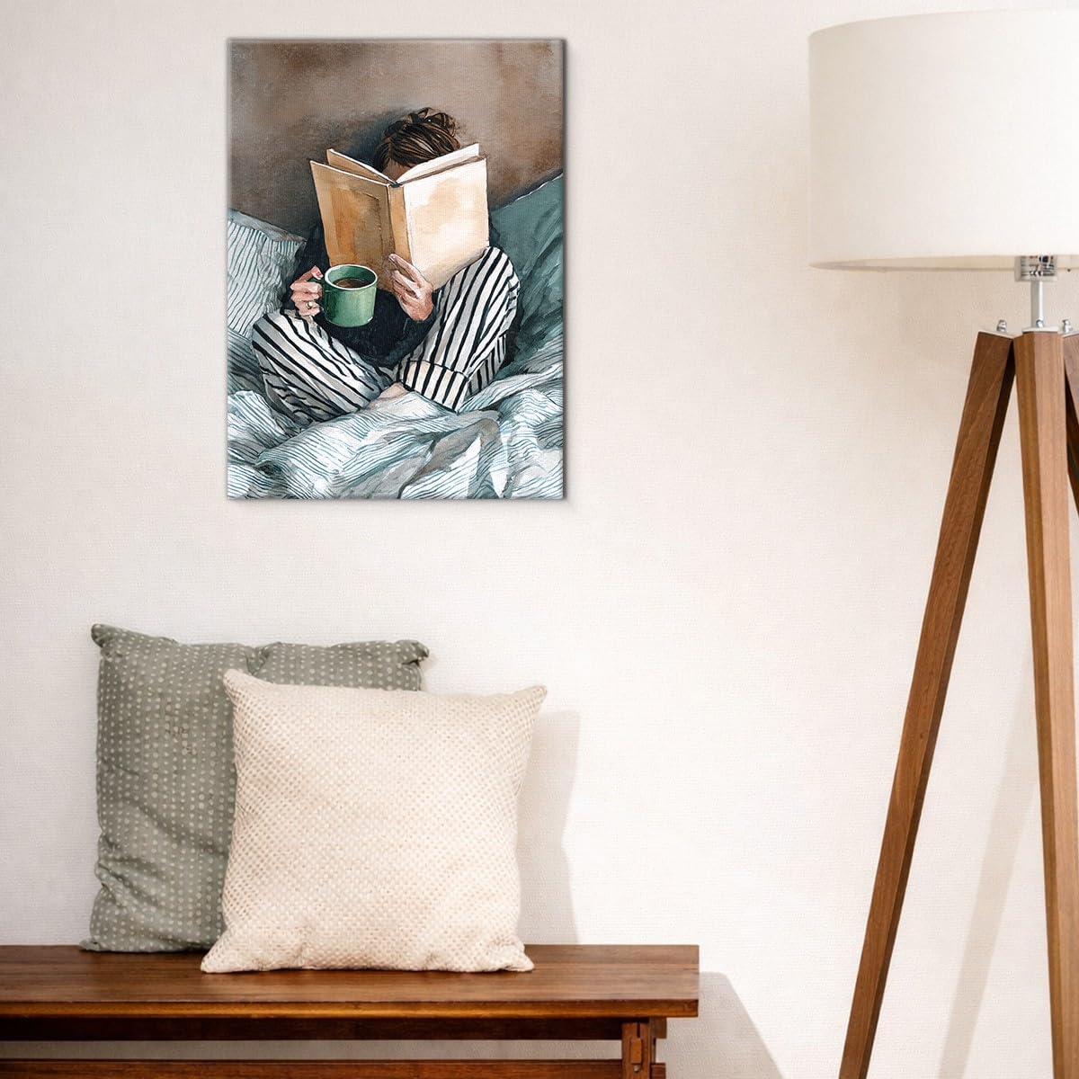 Minimalist Reading Woman Wall Art Decor Bookish Woman in Striped Bed Print Picture Book Lover Wall Decor for Home Bedroom 11x15 Inch Canvas Framed