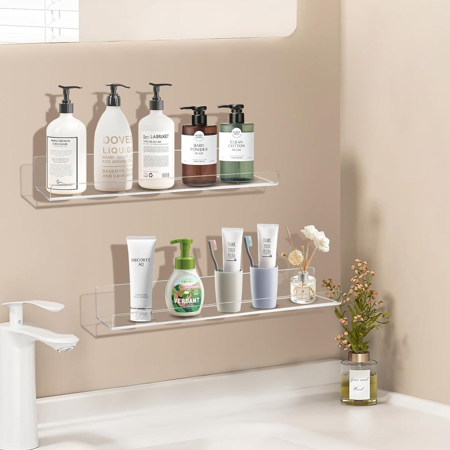 Acrylic Floating Shelves for Wall 6 Pack, 15" Acrylic Shelves for Room Decor, Book Shelf for Kids, Clear Hanging Display Shelf Organizer for Kitchen, Bedroom, Bathroon Organizers and Storage