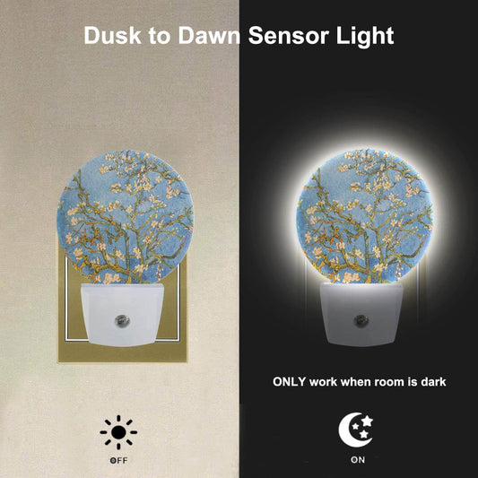 EKOBLA Almond Tree Blooming Night Light - Van Gogh Floral Painting LED Plug-in Nightlights with Dusk to Dawn Sensor, 0.5W Sleep-Friendly Lighting for Bedroom & Living Room (White & Blue)