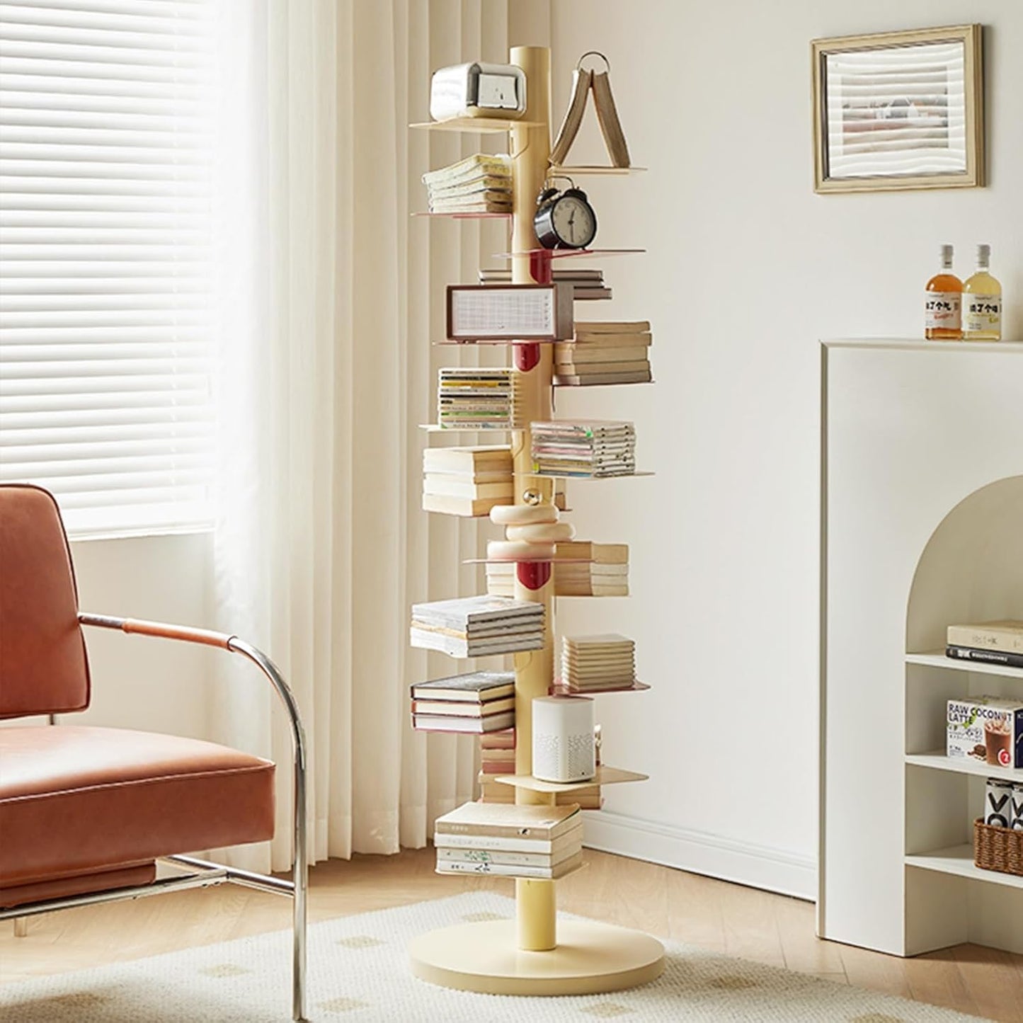 Multipurpose Display Book Shelf ,Floor-to-Ceiling Simple Narrow Invisible Bookshelf ,Multipurpose Corner Bookshelf, Metal Book Tower for Small Spaces ,Metal Bookshelf – Vertical Book Tower(Red and whi