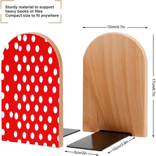 Non-Slip Bookend for Shelves Red and White Polka Dots Wooden Bookends with Metal Base Decorative Book Stopper for Home Heavy Duty Wood Book Storage for Books/CDs