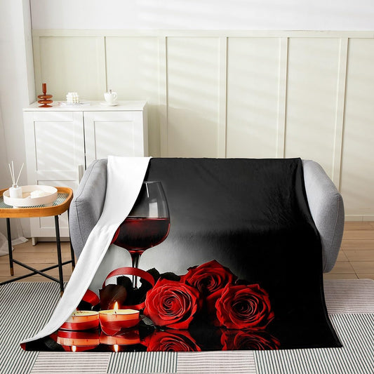Rose Wine Glass Blanket For Girls Red Black Rose Throw Blanket Throw Size Floral Blossom Fleece Blanket Banquet Flower Romantic Valentine's Day Sherpa Blanket, Grey Plush Bed Blanket Bedroom Decor