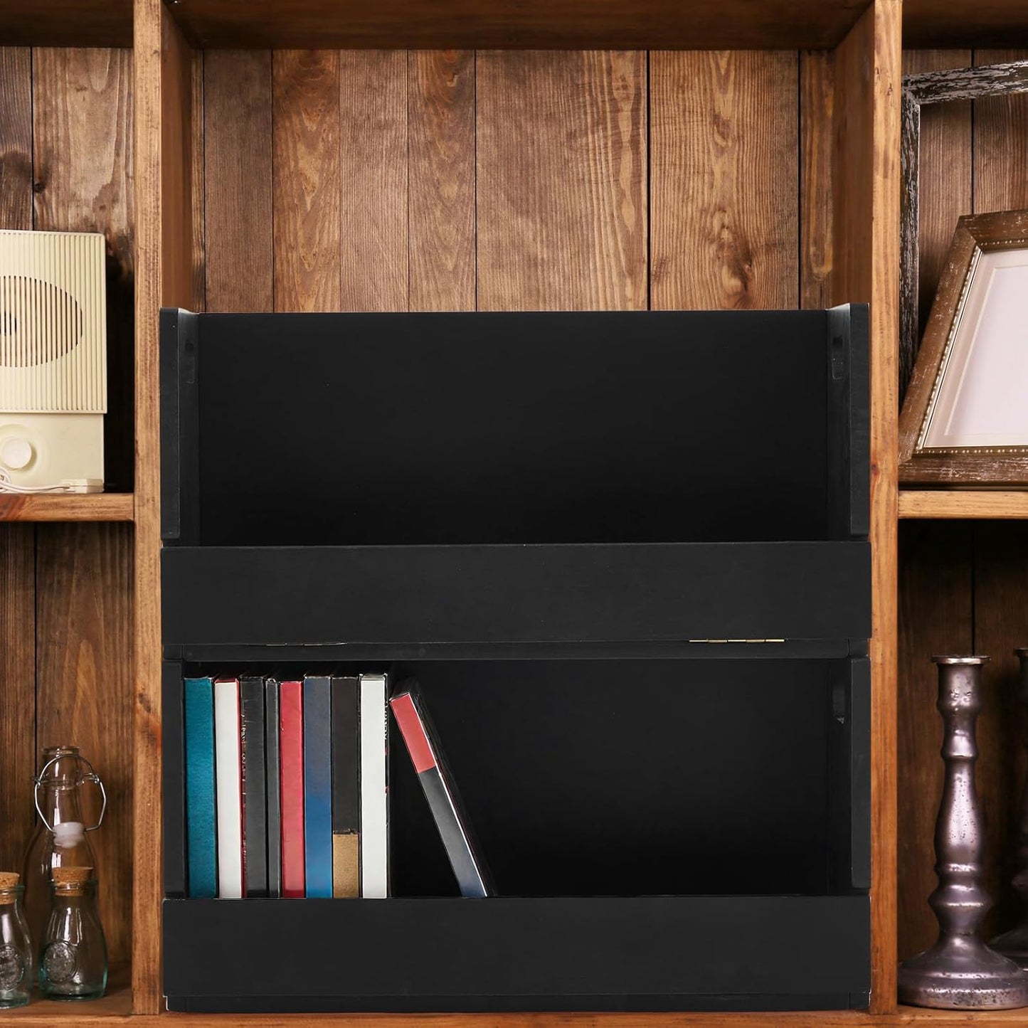 2 Set Wooden DVD Storage Box DVD Storage Shelf Holder Solid Wood Cassette Tape Display Organizer with Carrying Handle for CD, Movie Cases, Each Organizer Can Store up to 26 Boxes (Black)