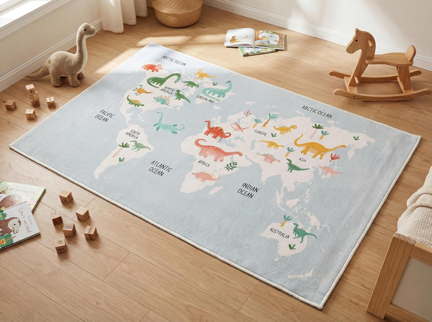 Kids Dinosaur Rug for Boys Bedroom, Soft Washable Non Slip Area Rug for Playroom Nursery Classroom, World Map Dinosaur Carpet for Kids Room Decor, Low Pile Floor Mat, 3 x 5 Ft