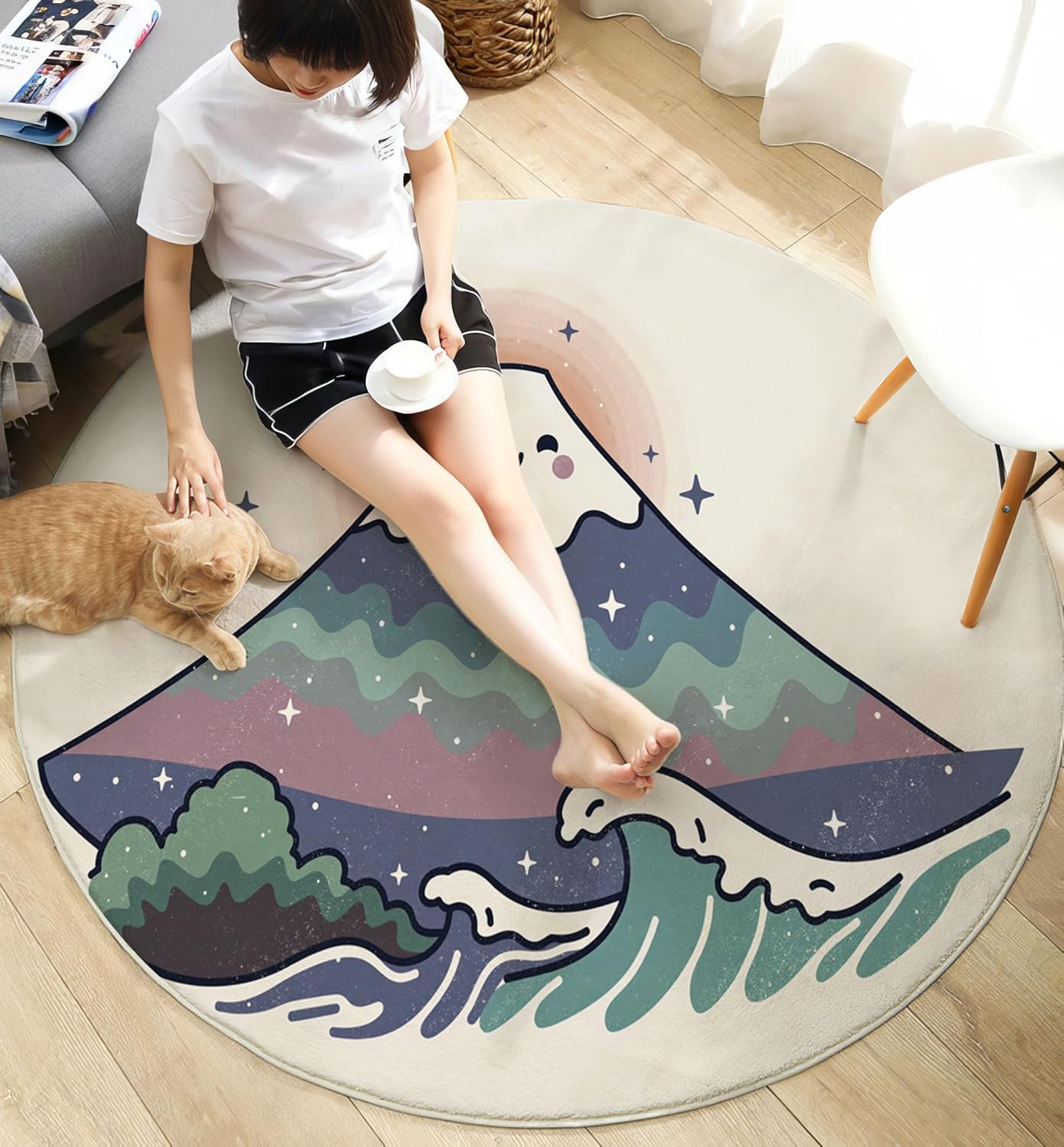 Washable Cute Smiley Face Mount Fuji Area Rug, 5Ft Round Rugs for Living Room Soft Carpet for Bedroom Cartoon Waves Indoor Stain Resistant Non-Shedding Floor Carpet, Beige Blue, 5Ft-Round