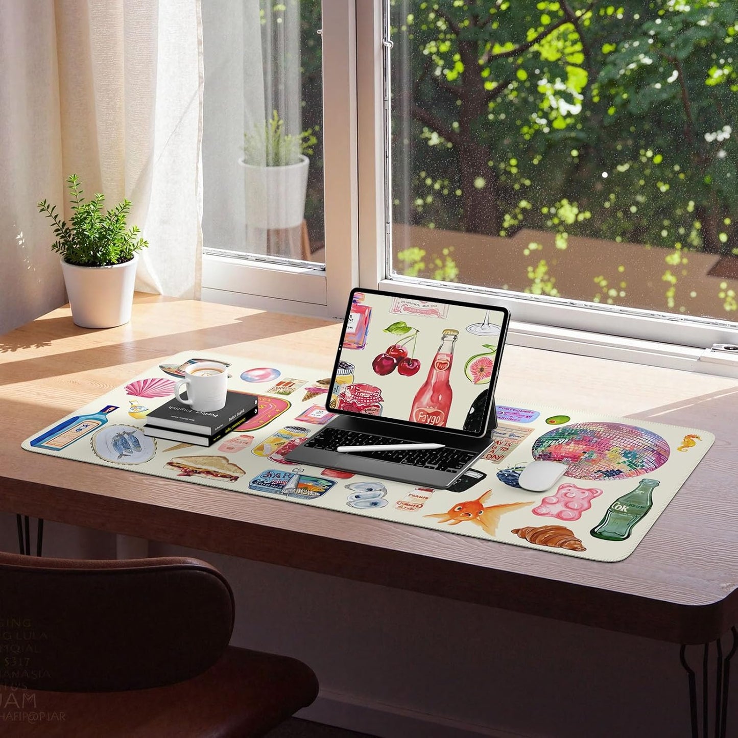 iCasso Office Desk Mat for Keyboard and Mouse, Large Mouse Pad, Desk Pad Mat, Anti-Slip Big Mousepad with Stitched Edges for Computer Desktop Cover Protector (Watercolor Stickers)