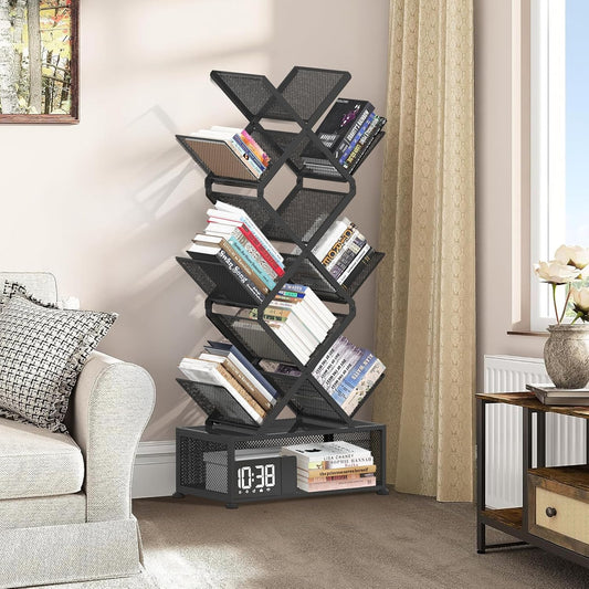 Gintan 9-Tier Space Saving Book Shelf with Storage,Bedroom Shelves Folding Bookshelves,No Installation Required Shelf Tree Metal Bookshelf for Living Room,Study,Home Office,Bed Room (Black)
