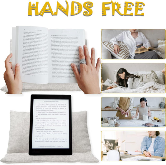 Book Stand for Reading in Bed, Large Portable Pillow Cushion Holder Accessories for Big Phone/Tablet/iPads for Desk Office Kitchen, Soft Fabric with Side Pockets Design, Natural