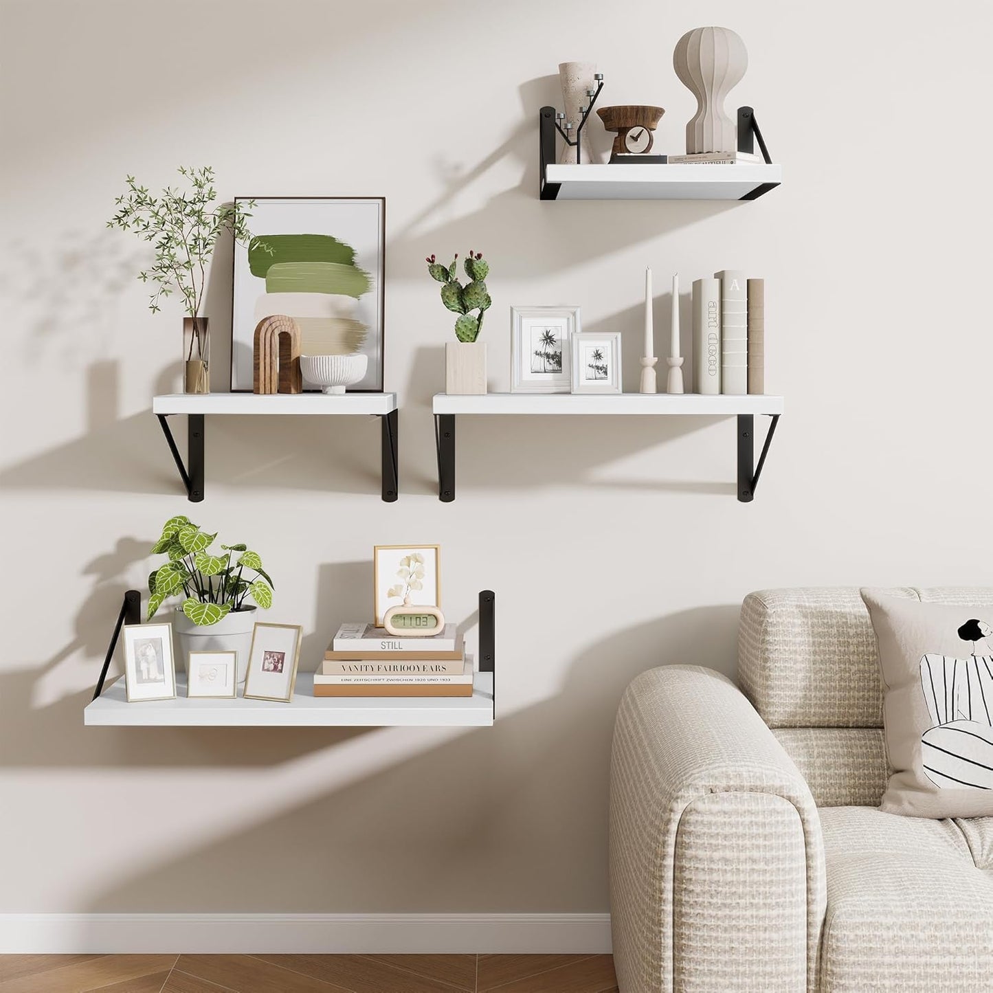 Deep Wall Shelves 30"W x 12"D Engineered Wood Floating Shelves for Wall, Sturdy Metal Bracket Bookshelves Home Decor Storage for Living Room Bedroom Bathroom Kitchen, Set of 2, White Finish