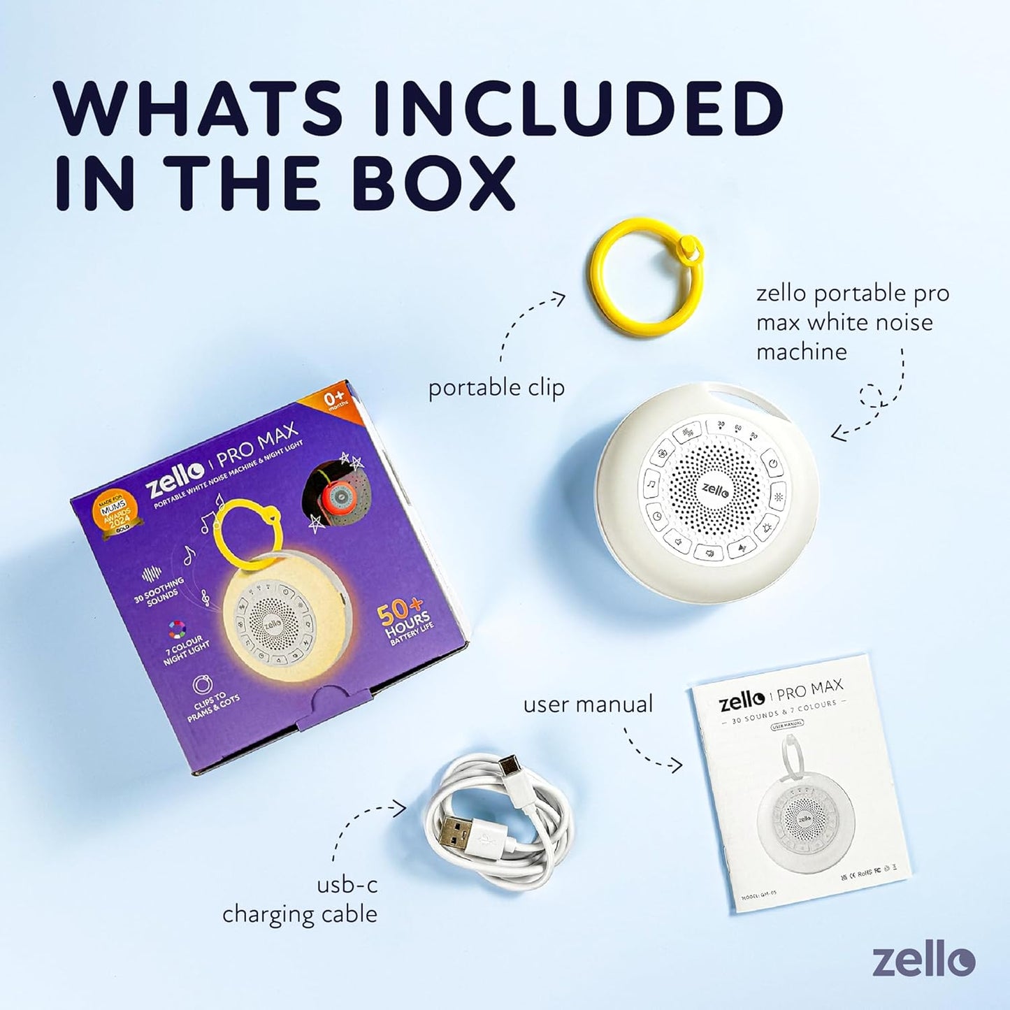 Zello | Portable Pro Max White Noise Machine | 30 Sounds | 55+ Hours Battery Life | 7 Colour Night Light | Child Lock | Sleep Timer | USB Rechargeable | Baby Sleep Aid | Sleep Sound Machine