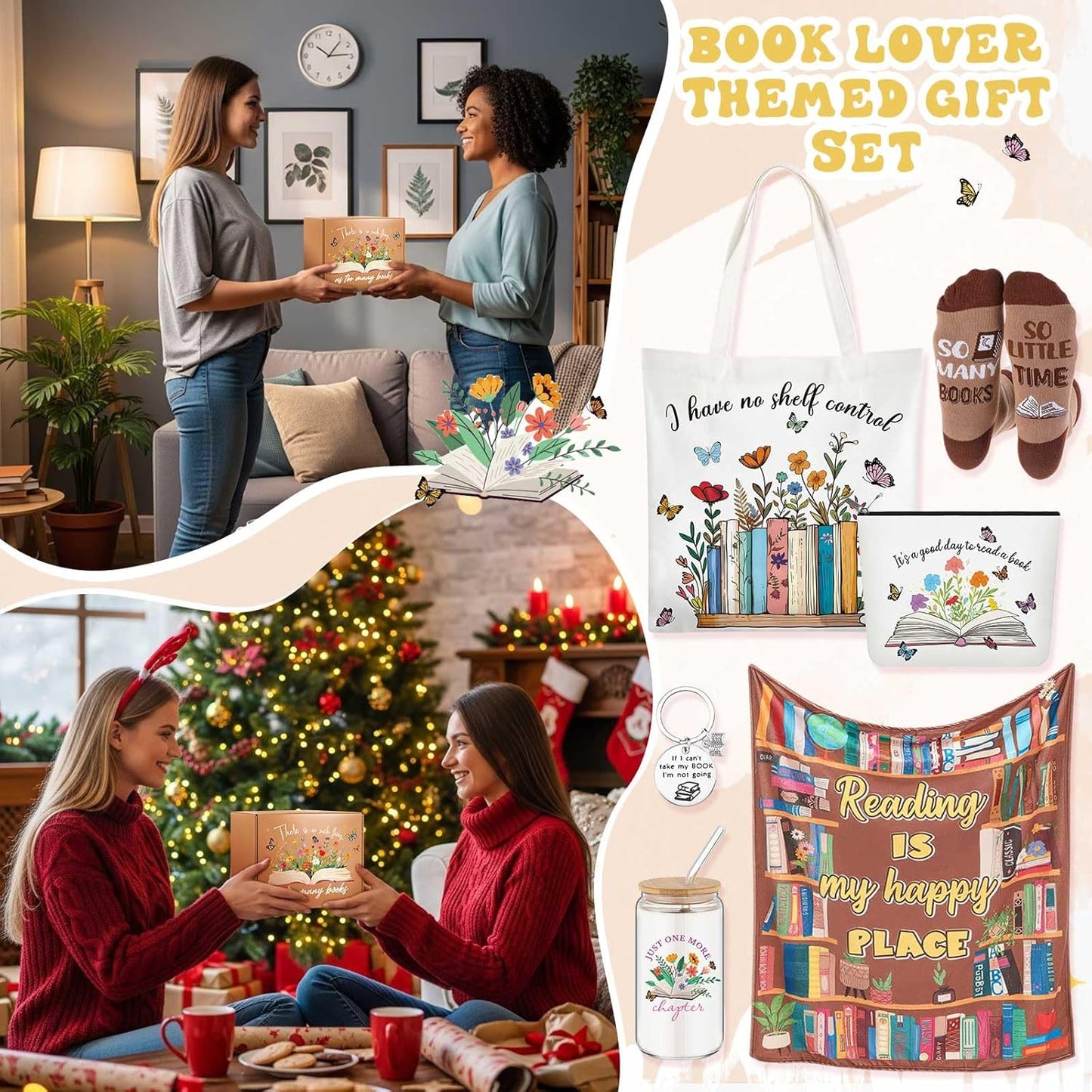 Paterr 6 Pcs Book Lover Gifts for Women, Mother's Day Book Club Gifts for Bookish, Canvas Tote Bag Makeup Bag Print Blanket Socks 16oz Glass Coffee Cup with Straw Cute Keychain for Librarian Birthday