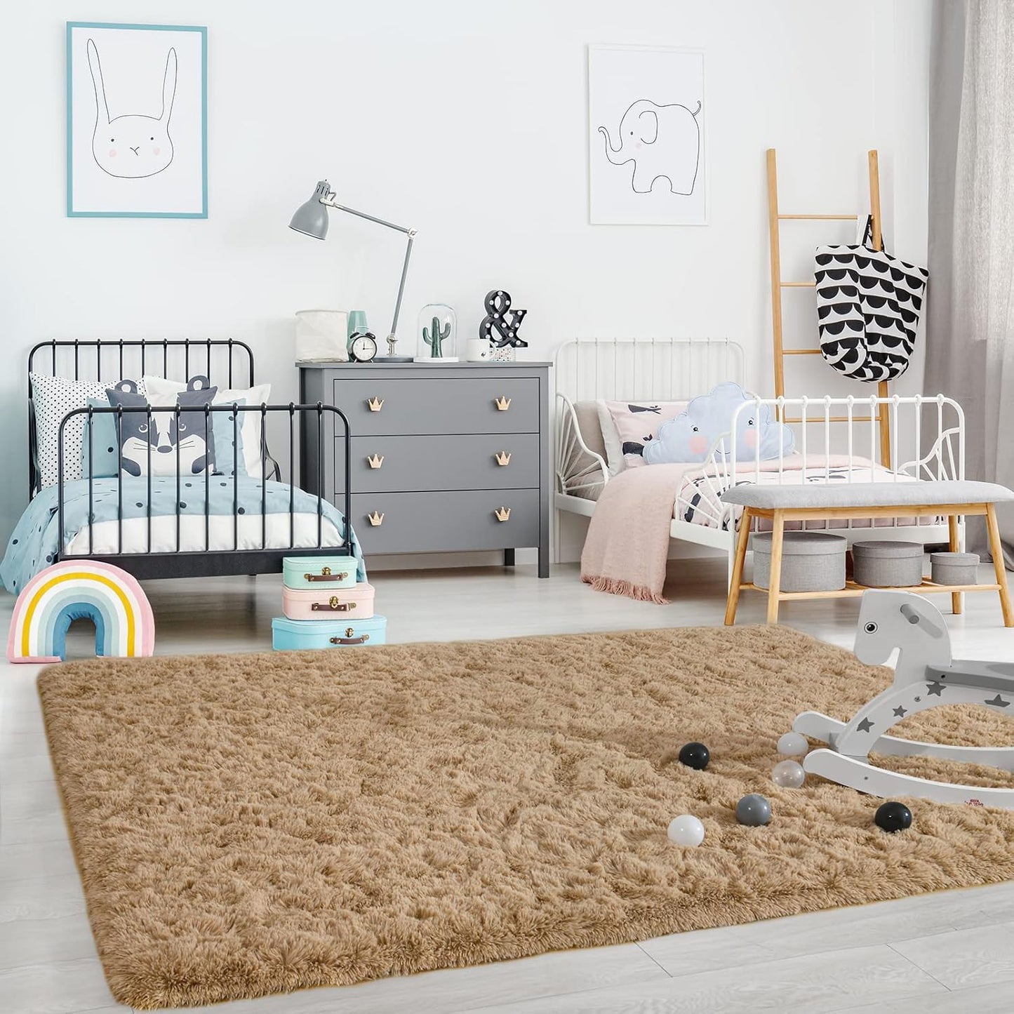 Ompaa Beige 8x10 Feet Large Area Rugs Fluffy Living Room Carpet, Wall to Wall Big Shag Light Tan Rug for Bedroom Kids Playroom Classroom Nursery Home Office Decor