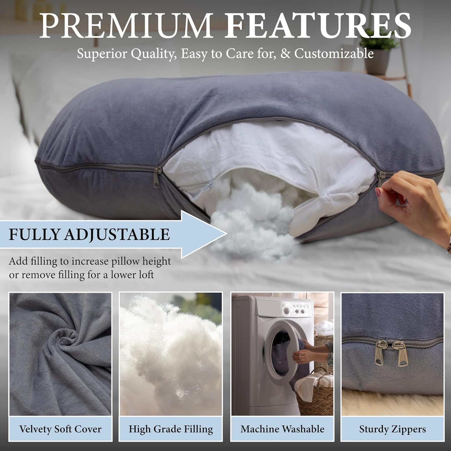 Pharmedoc Pregnancy Pillows, U-Shape Full Body Pillow -Removable Cover Jumbo Size - Gray - Pregnancy Pillows for Sleeping - Body Pillows for Adults, Maternity Pillow and Pregnancy Must Haves