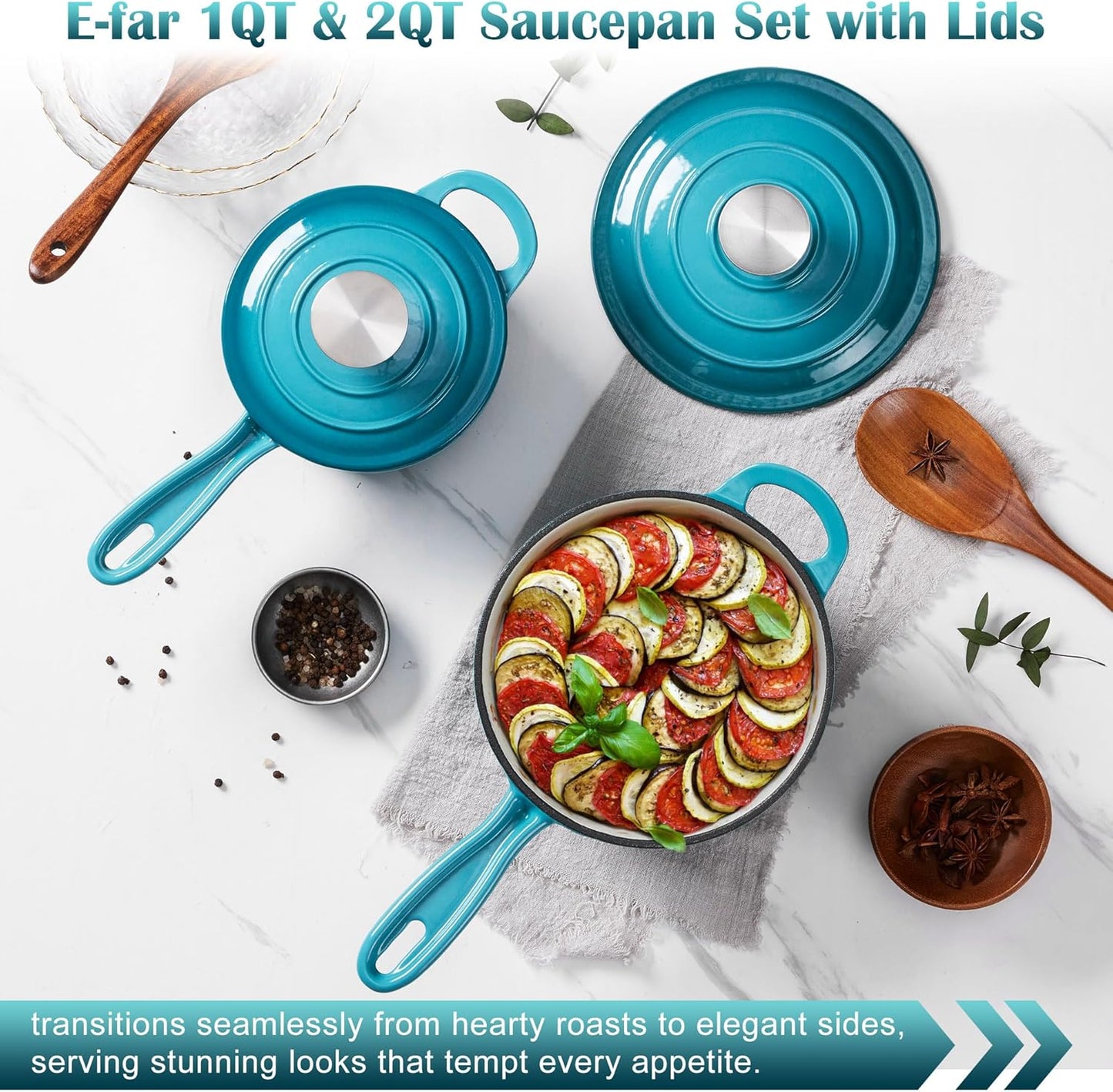 E-far Sauce Pan Set with Lid, 1Qt & 2Qt Enameled Cast Iron Pot Sets for Kitchen Cooking, Small Heavy Duty Dutch Oven Saucepans & Self-basting Lids, Induction-Ready & Easy Clean, Green