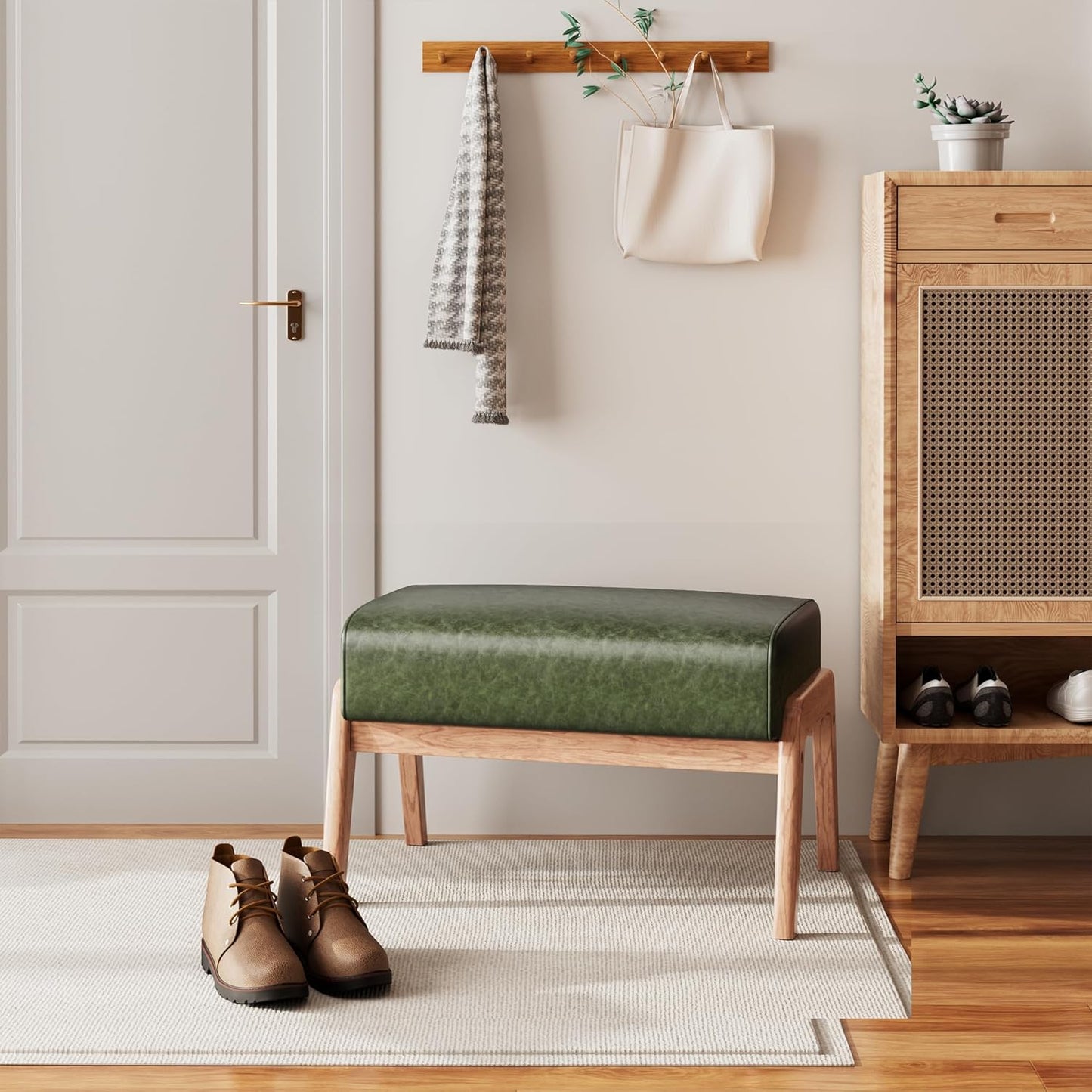 Modern Ottoman Foot Stool, Faux Leather Accent Sofa Footrest with Walnut Rubber Wood Frame, Ottoman Bench for Living Room Entryway Bedroom Sofa Seat, Hunter Green