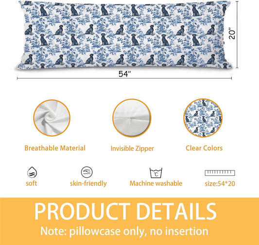 Blue and White Chinoiserie Labrador Retriever Decor 20x54 Body Pillow Cover,Labrador Retriever Gifts,Toile de Jouy Floral Dog Body Pillow Pillowcase with Zipper for Bed Couch